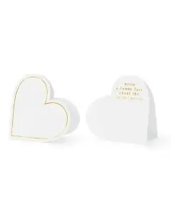 Bordkort hjerte hvid m/ guld tekst - 10 stk