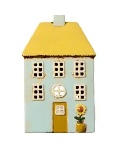 Hus t/fyrfadslys Nyhavn gult tag solsikke foran
