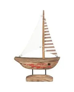 Skib m/hvidt og stribet sejl og rødt skrog Nautico