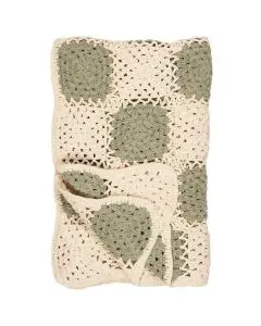 Hæklet Plaid creme m/grønne felter