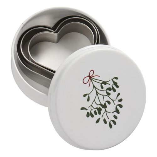 Dåse med 3 hjerte-kageudstikkere - mistelten på låget