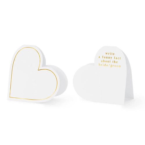 Bordkort hjerte hvid m/ guld tekst - 10 stk