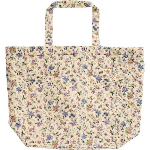 Quiltet Taske - natur m/lilla og brune blomster